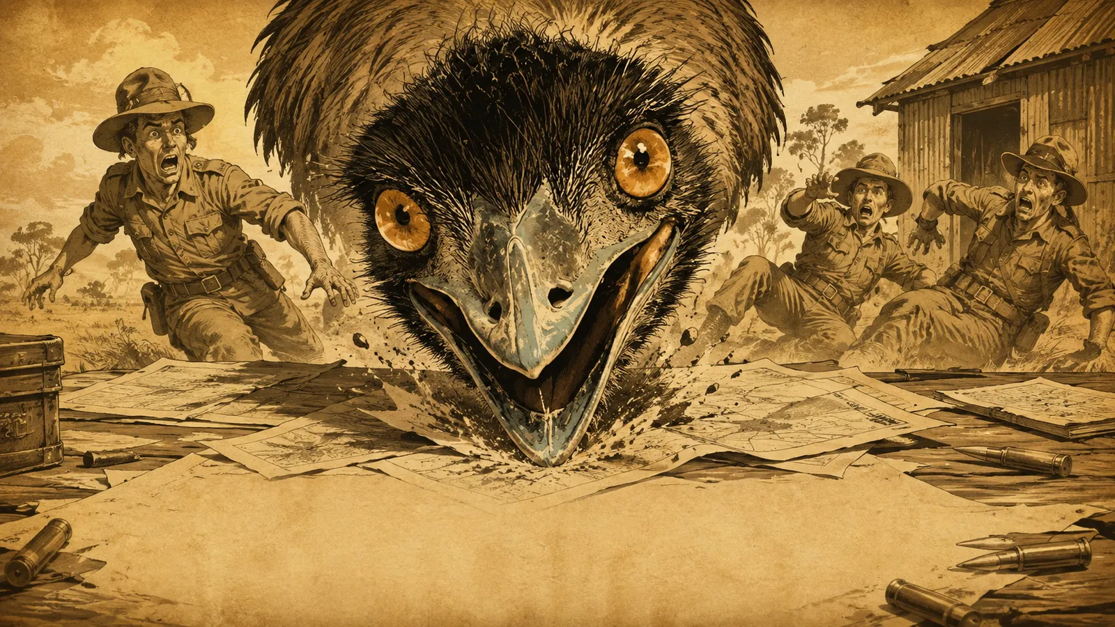 An emu looming over a wrecked army map table while three soldiers scatter, drawn as a sepia 1930s newsreel illustration